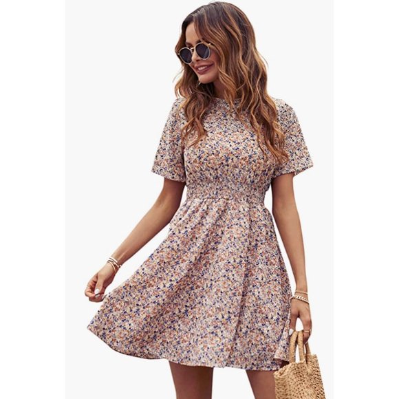 Multicolor Floral Printed A-Line Belted Mock Turtleneck Short Sleeve Mini Dress - Picture 5 of 8